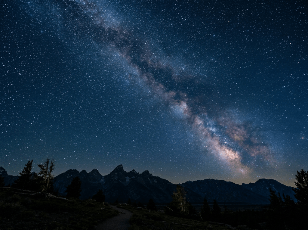 Milky Way galaxy extending above dark mountain silhouette at night
